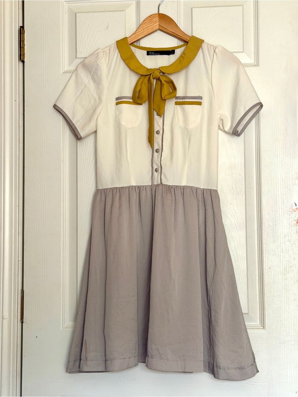 Dear creatures Retro Dress Peter Pan Collar Bow Vintage Inspired White & Gray